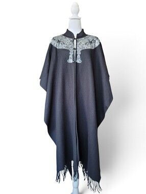 Black Wool Poncho With Fringe And Aztec Calendar Boho Chic OS